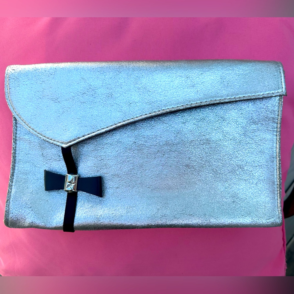 Thierry Mugler Faux Leather Silver Clutch, Envelope‎ Style Elastic Closure